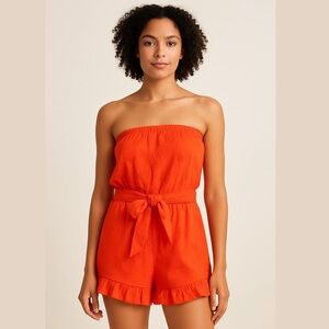 LOFT Beach Floral Embroidered Strapless Romper Red Orange Sz Medium NWT